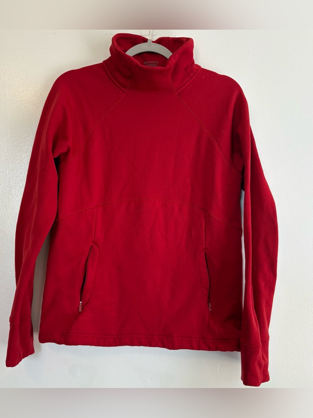 Athleta Women’s Red High Neck Pullover Fleece Sweatshirt Pockets Size M